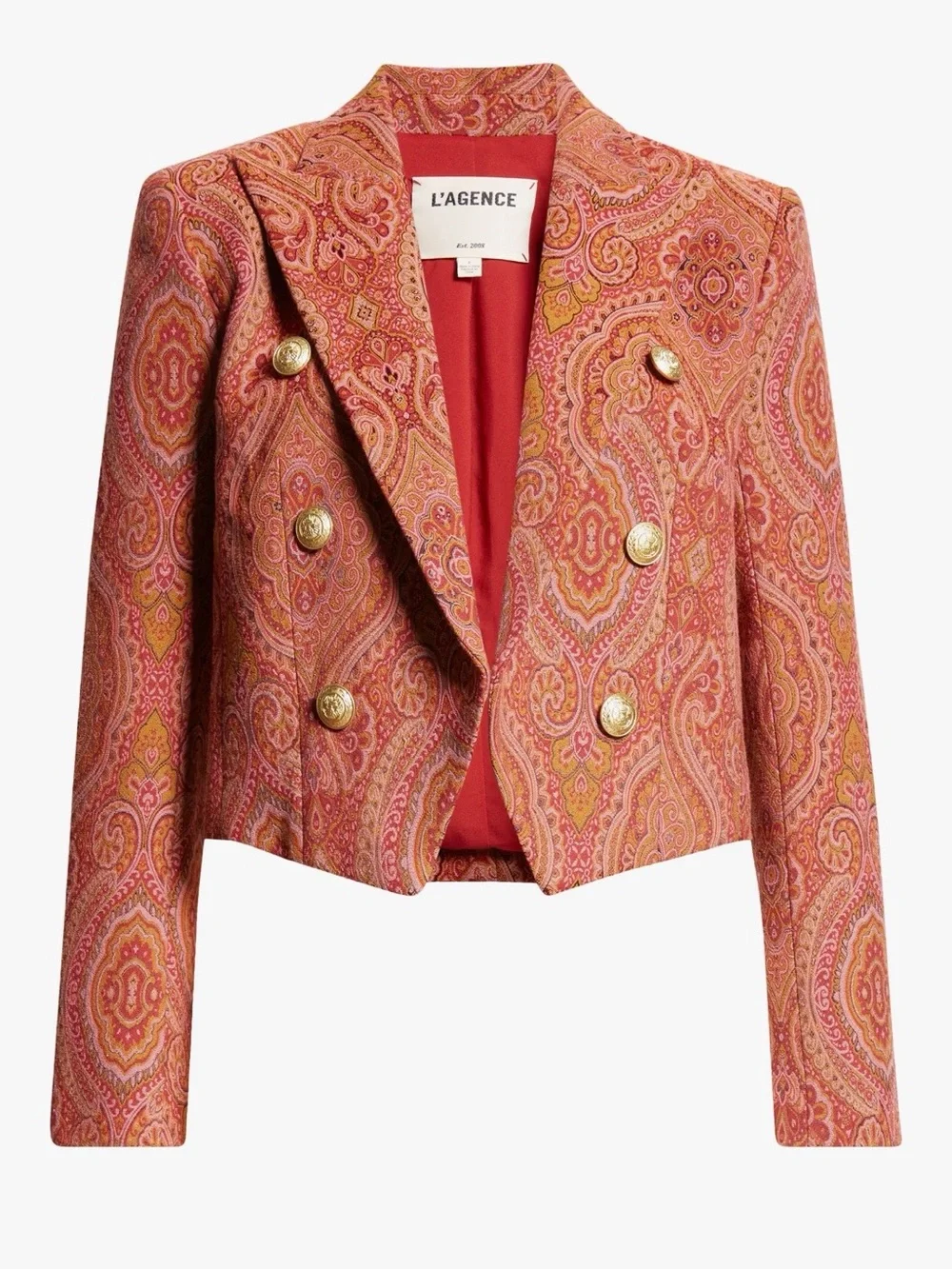 L'AGENCE Coral Paisley Double-Breasted Cropped Blazer